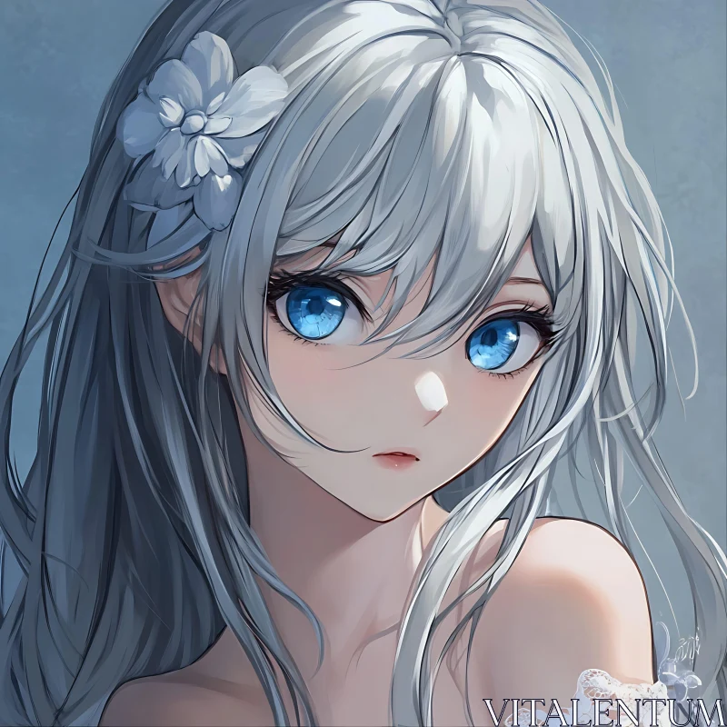 Anime Portrait of Girl with Blue Eyes and Flower AI Image