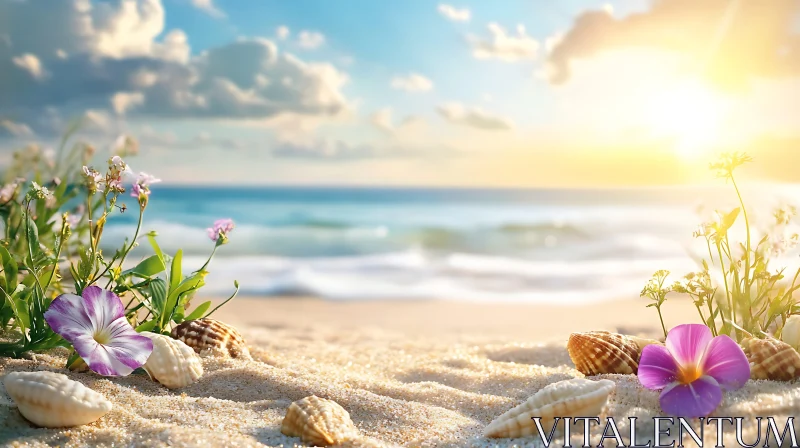 AI ART Seaside Serenity: Flowers and Shells on the Beach