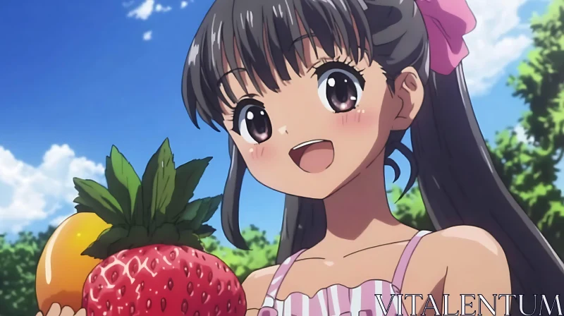 Happy Anime Girl with Fruits AI Image