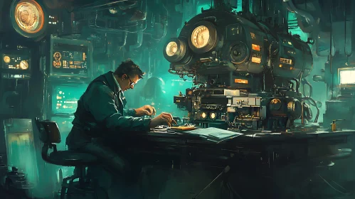 Scientist Repairing Complex Equipment