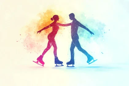 Artistic Silhouette of Ice Skating Duo in Watercolor AI Generated Picture