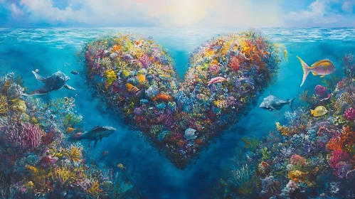 Underwater Heart Reef with Fish and Corals