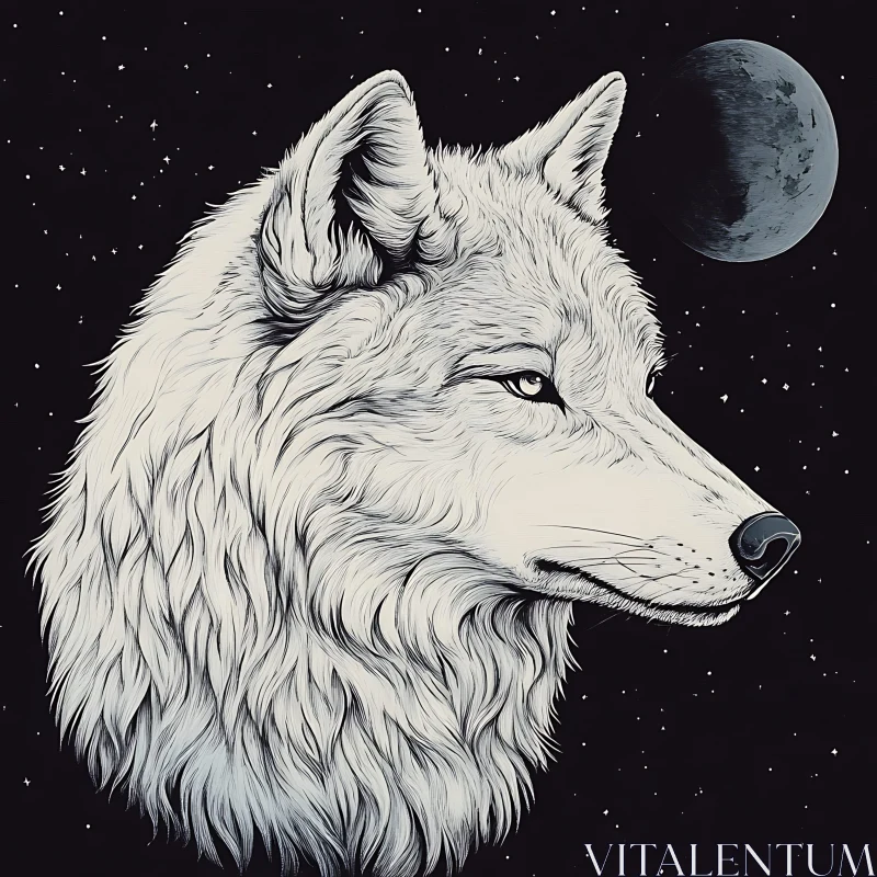 Lunar Wolf Illustration in Black and White AI Image