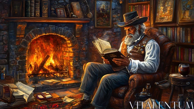 Man Reading Book Near Fireplace AI Image