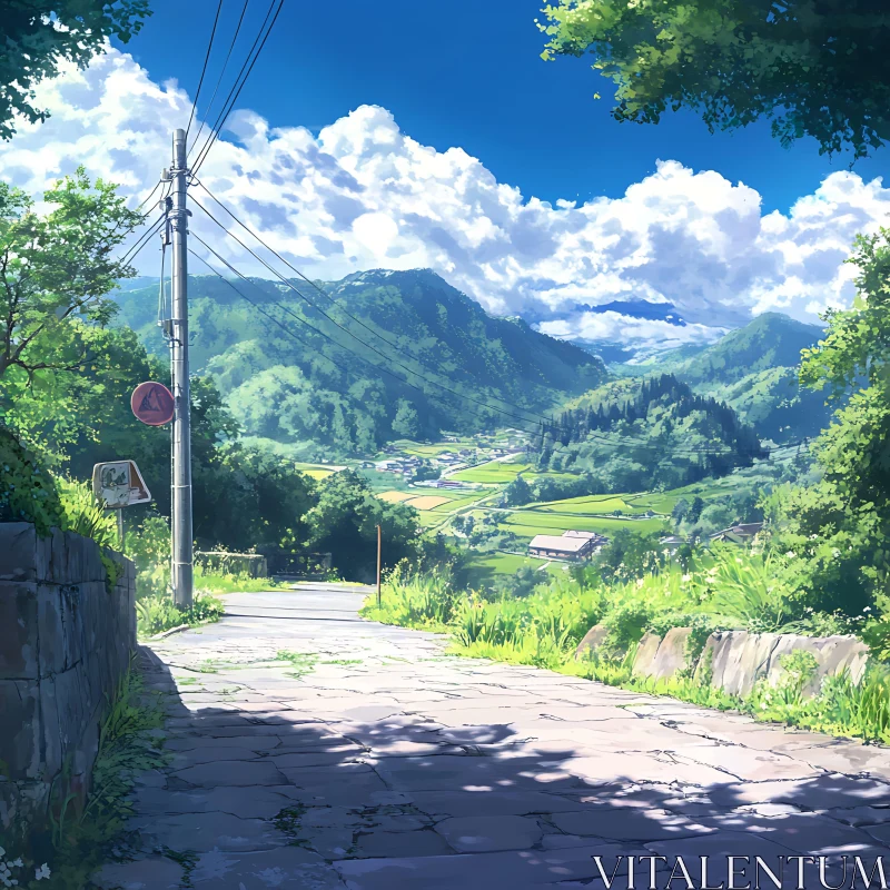 Peaceful Rural Landscape with Lush Greenery and Path AI Image