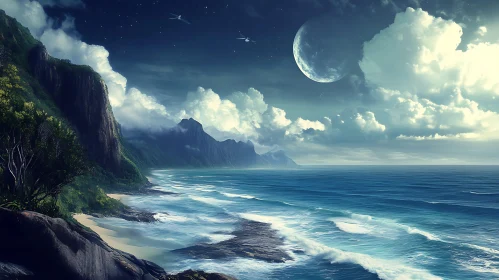 Tranquil Ocean Scene with Cliffs and Moon