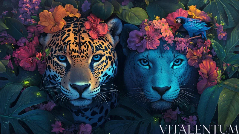 Jungle Cats with Flowers AI Image