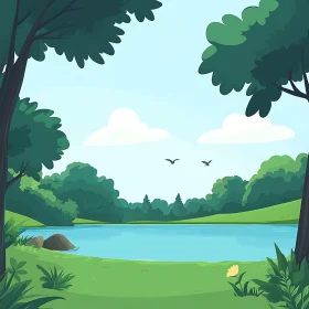 Tranquil Lake Scene with Birds and Trees