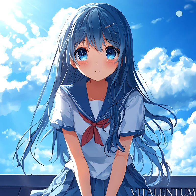 Anime School Girl with Expressive Blue Eyes AI Image