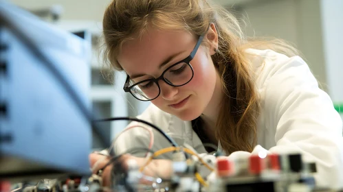 Young Scientist Inspecting Electronic Components