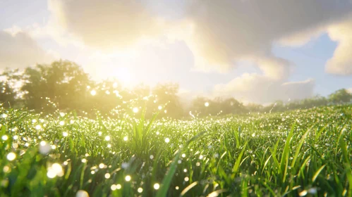 Peaceful Field at Sunrise with Dewy Grass