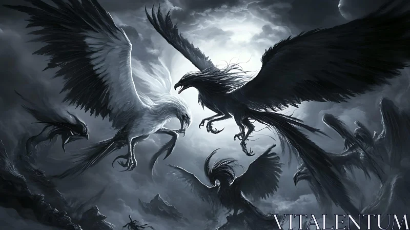AI ART Monochrome Griffins Aerial Combat
