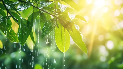 Green Leaves in Rain with Sunlight