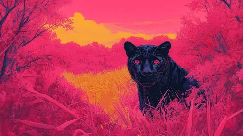 Panther with Red Eyes in Pink Woods