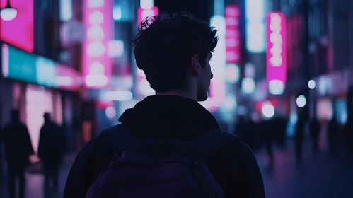 Man Admiring Neon City Lights