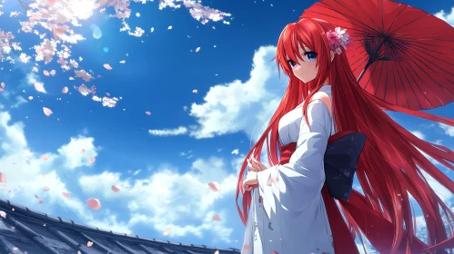 Red-Haired Anime Girl with Cherry Blossoms