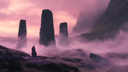 Foggy Mountains with Person and Stones