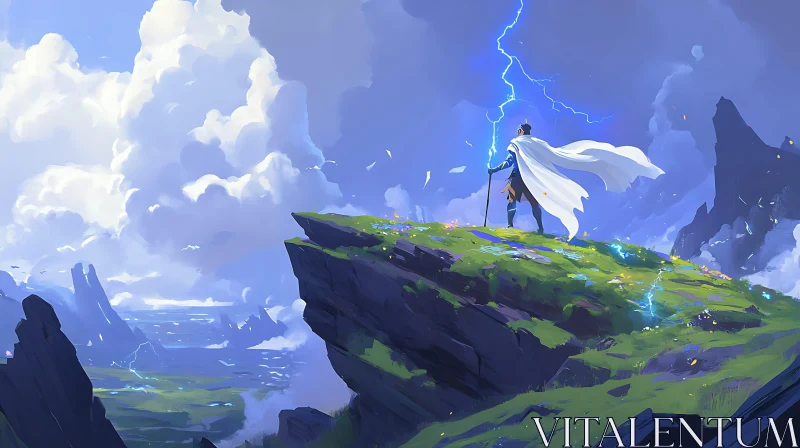 The Lightning Wielder on the Cliff AI Image