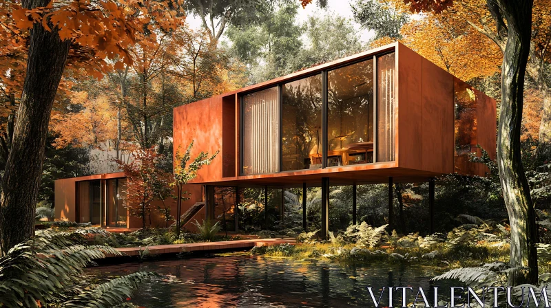 AI ART Contemporary Forest Retreat with Large Glass Windows