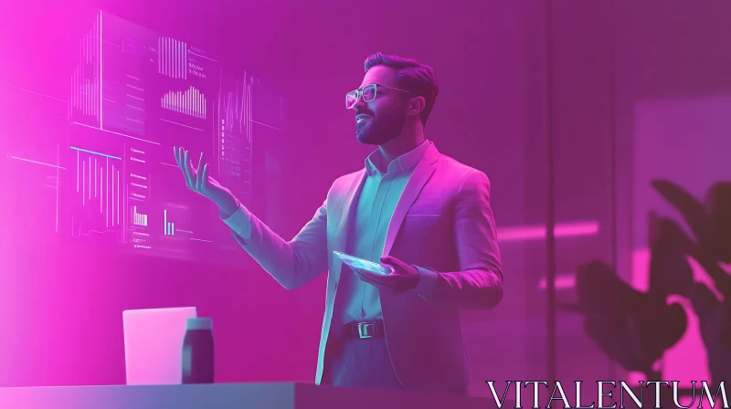 AI ART Man Presenting Data in Neon Office