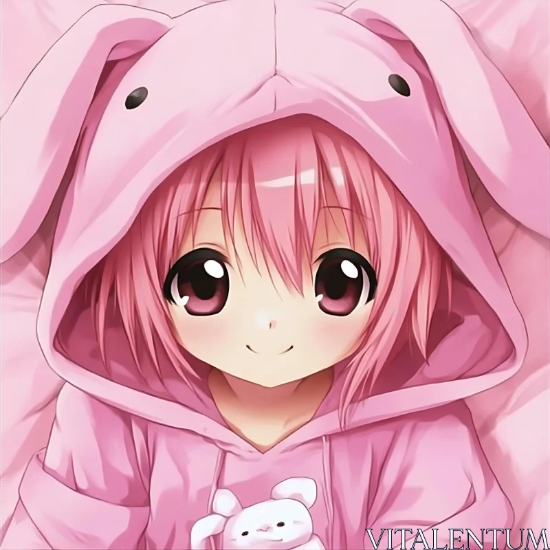 Adorable Pink-Haired Anime Character in Bunny Outfit AI Image