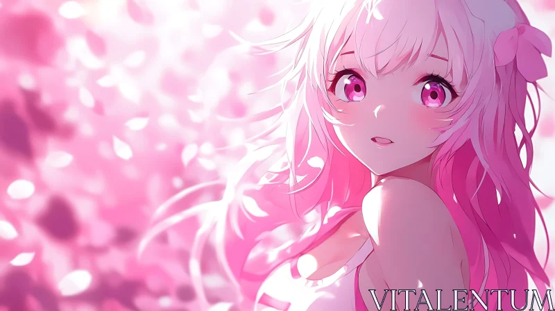 Anime Girl with Pink Hair and Petals AI Image