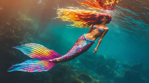 Colorful Mermaid Swimming in Ocean Depths