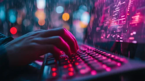 Cyberpunk Keyboard Typing in the Rain