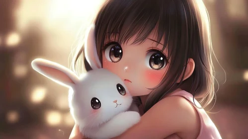 Anime Girl Hugging Plush Bunny