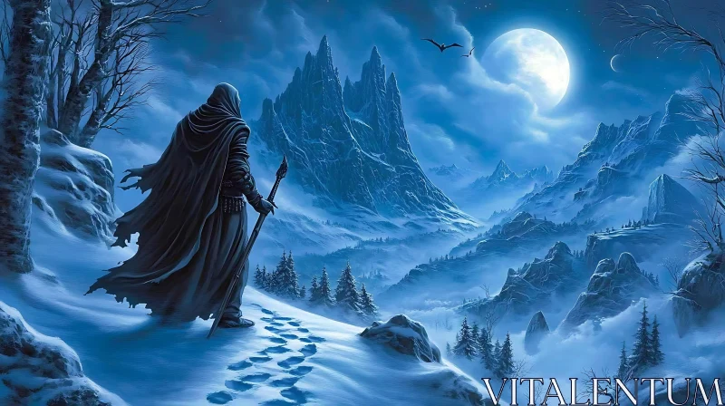 Moonlit Wanderer in Snowy Mountains AI Image