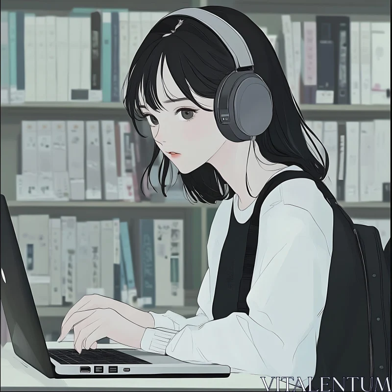 AI ART Focused Anime Girl Studying with Laptop in Library