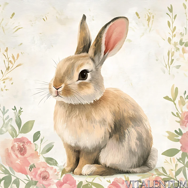 Watercolor Bunny with Roses Art AI Image