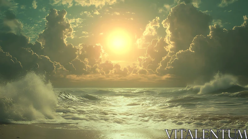 Sunlit Ocean View with Cloudy Sky AI Image