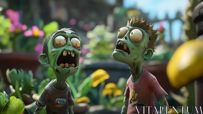 Cartoon Zombies in a Floral Garden AI Image