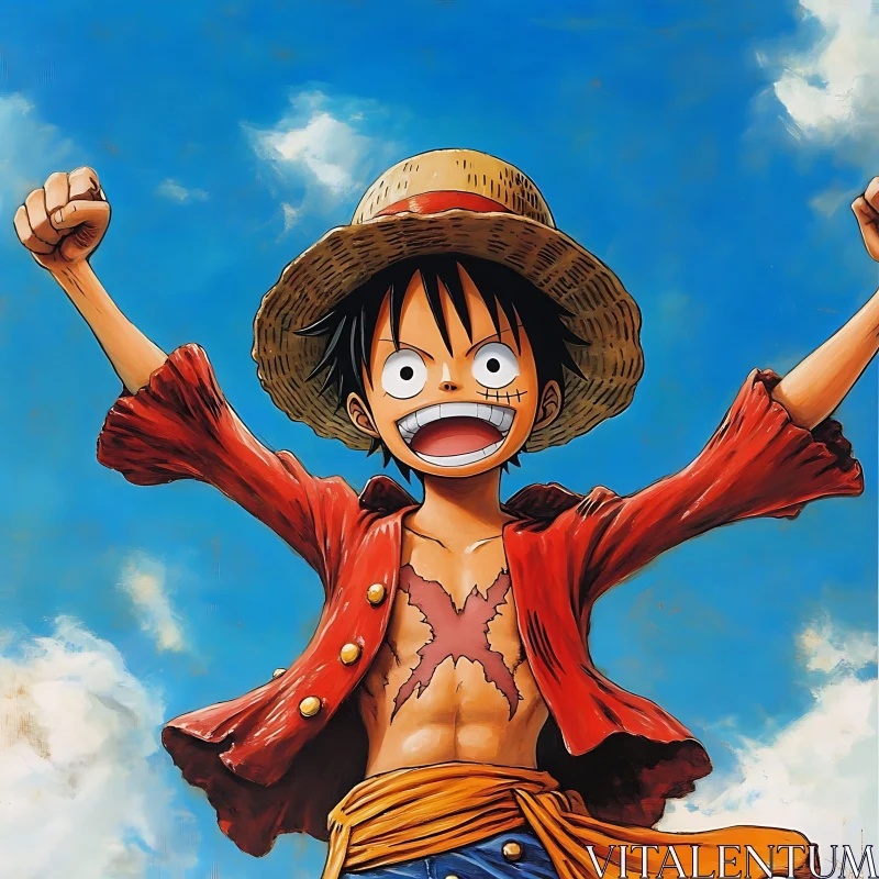 Joyful Animated Figure in Red Shirt and Straw Hat AI Image