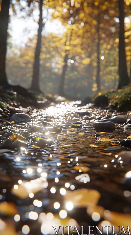 Autumn Forest Stream with Sunlight and Bokeh Effect AI Image