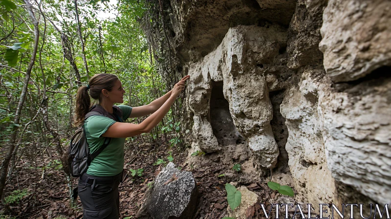 Woman Exploring Forest Rock Art AI Image