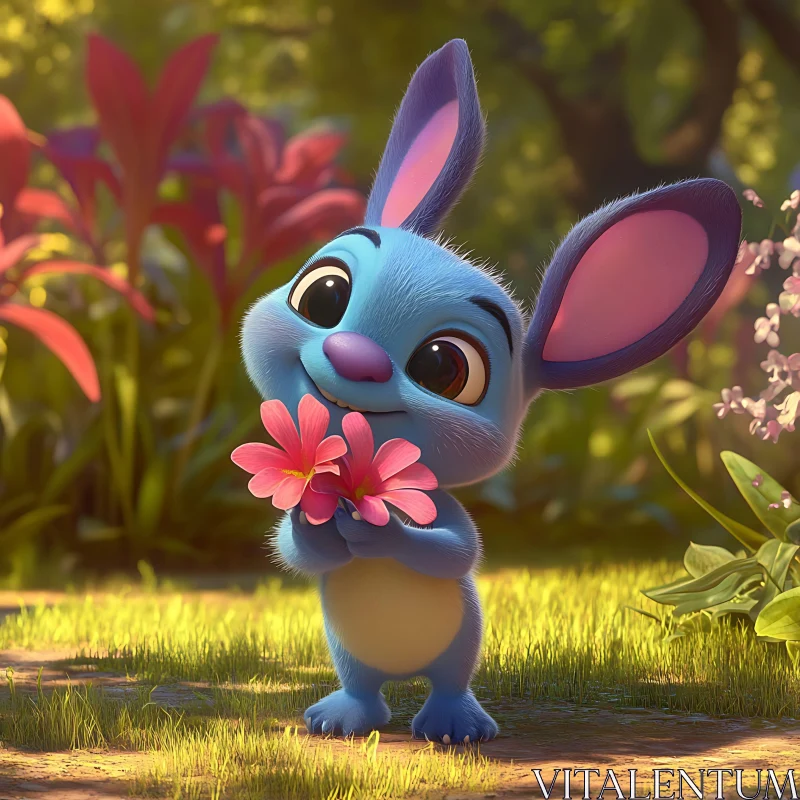 Cartoon Bunny Holding Flowers AI Image