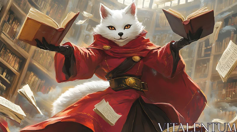 Mystical Feline Sorcerer with Spellbooks AI Image