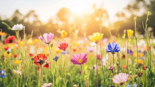 Colorful Meadow Wildflowers Under Sunlight