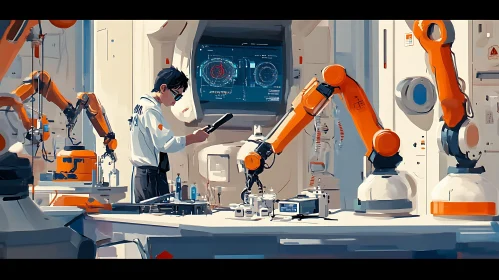 Man and Robots in a Futuristic Lab