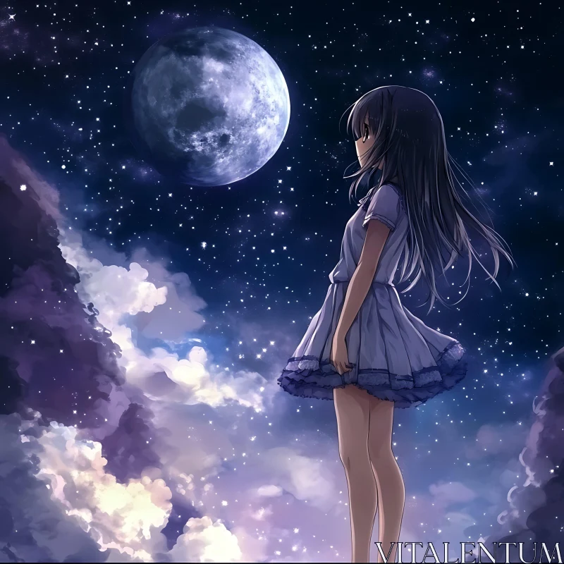 Starry Night, Anime Girl, Full Moon AI Image