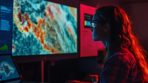 Female Programmer Working on Multiple Screens