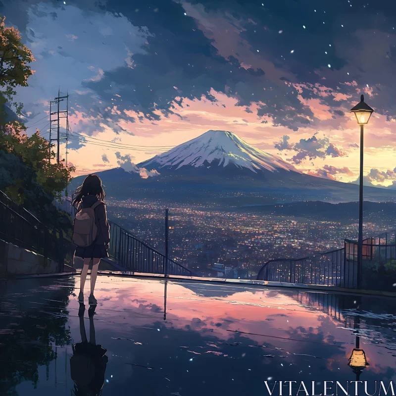 Evening Anime Landscape with Girl and Mountain AI Image