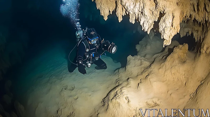 Scuba Diver in Underwater Cave System AI Image