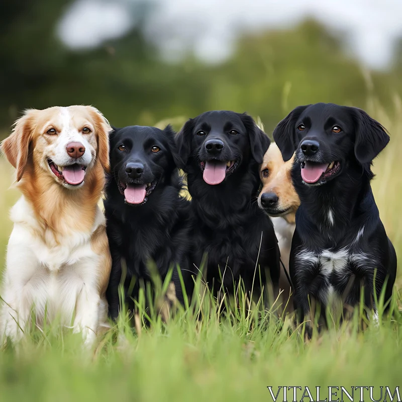 Cheerful Canines Seated in Field AI Image