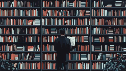 Man Reading Book in Library