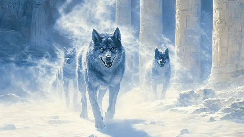 Snowy Wolves near Ancient Pillars