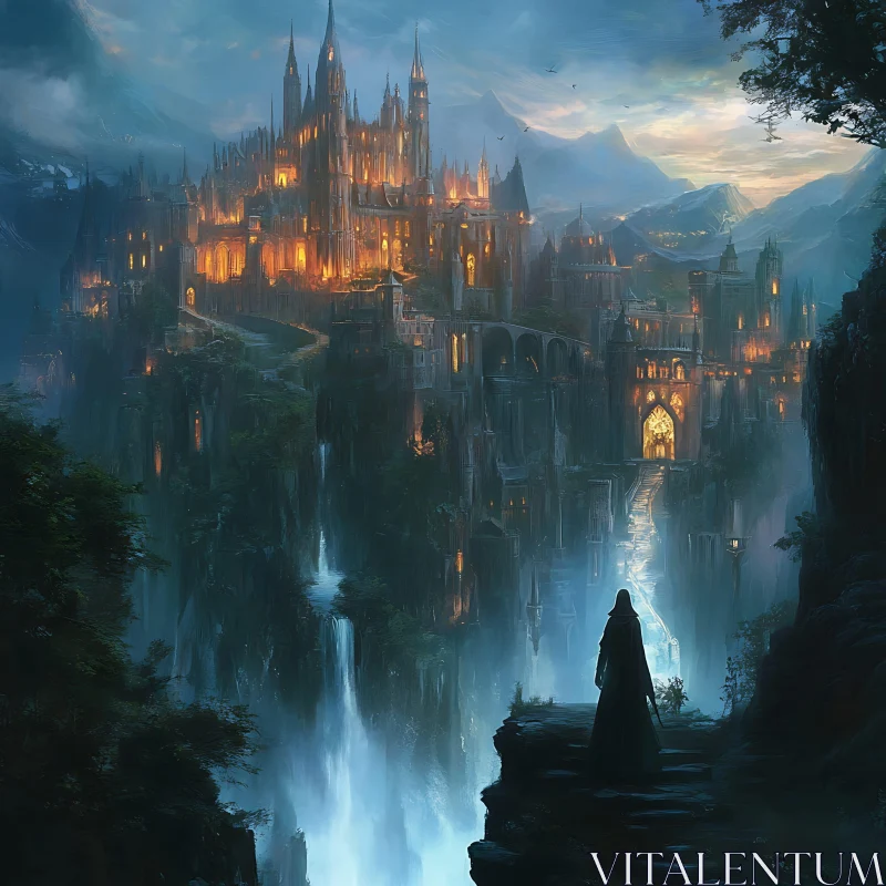 AI ART Mystical Castle Overlooking Waterfalls