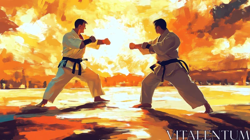 Karate Sparring at Sunset: A Dance of Discipline AI Image